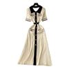Niche Retro Socialite Fashion Contrasting Color Polo Collar Metal Buckle Short Sleeve Knitted Dress Women's Waist Sweater Long Dress
