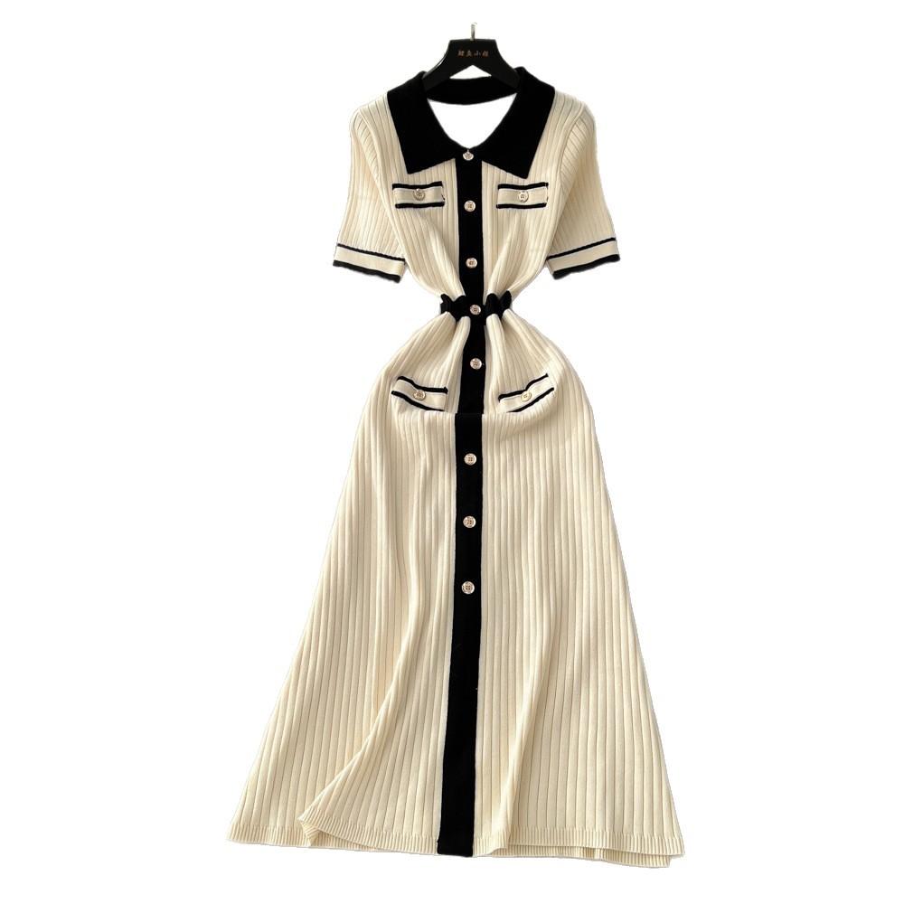 Niche Retro Socialite Fashion Contrasting Color Polo Collar Metal Buckle Short Sleeve Knitted Dress Women's Waist Sweater Long Dress