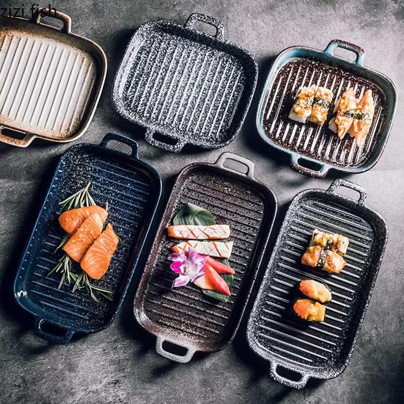 Keramik Doppelohr Gestreifte Backplatte Retro Sushi Sashimi Platte Dessertteller Salatteller Restaurant Spezialgeschirr