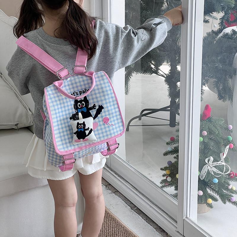 Plaid Cat Cute Print Backpack With Animal Illustration School Bag For Girls