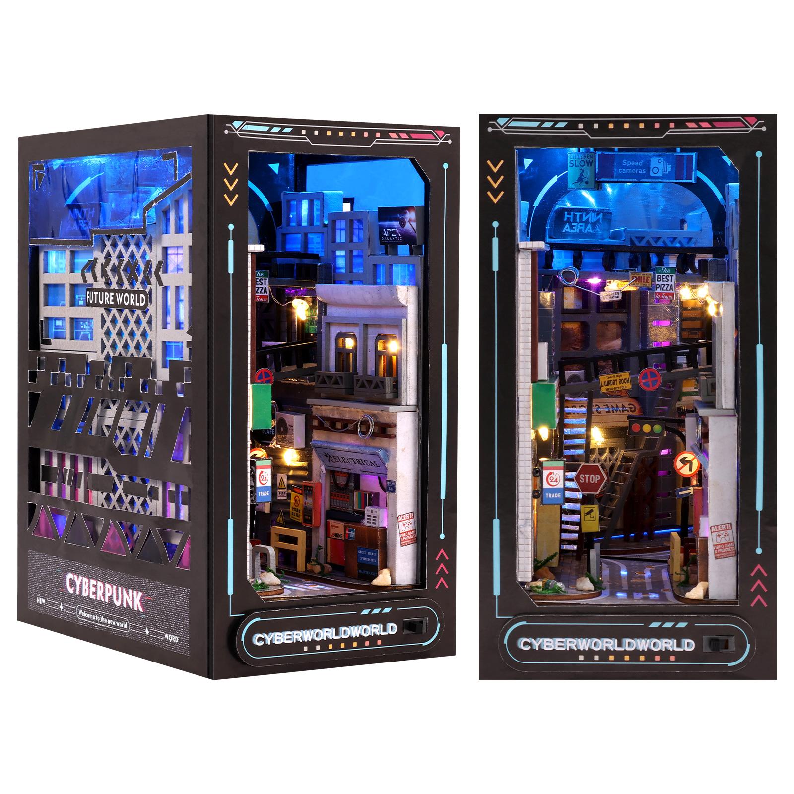 

3D Wooden Book House Kit Bookcase Insert Decoration With LED Light DIY Doll House Model Kit Creative Bookend Kids Adult Gifts