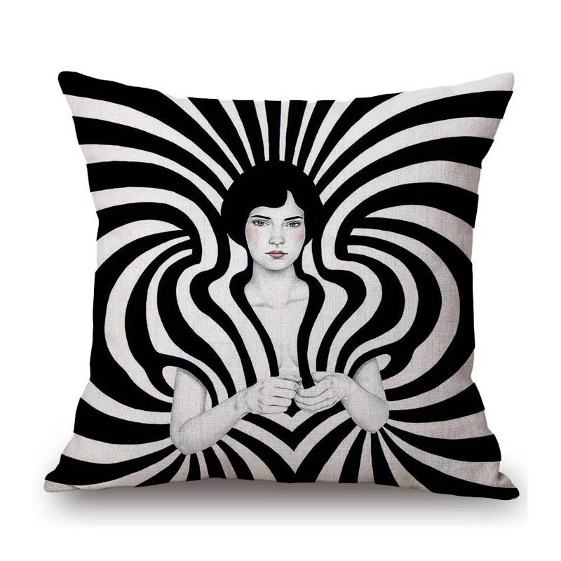 Modern Art Surrealism Black White Strips Girl Fashion Art Home Decoration Sofa Throw Pillow Case Cotton Linen Cushion Cover