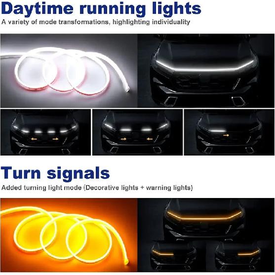 LED Yellow White Car Daytime Running Light Strip Scan Turn Signal Indicator Headlight Car Hood Decorative Light Universal 12V