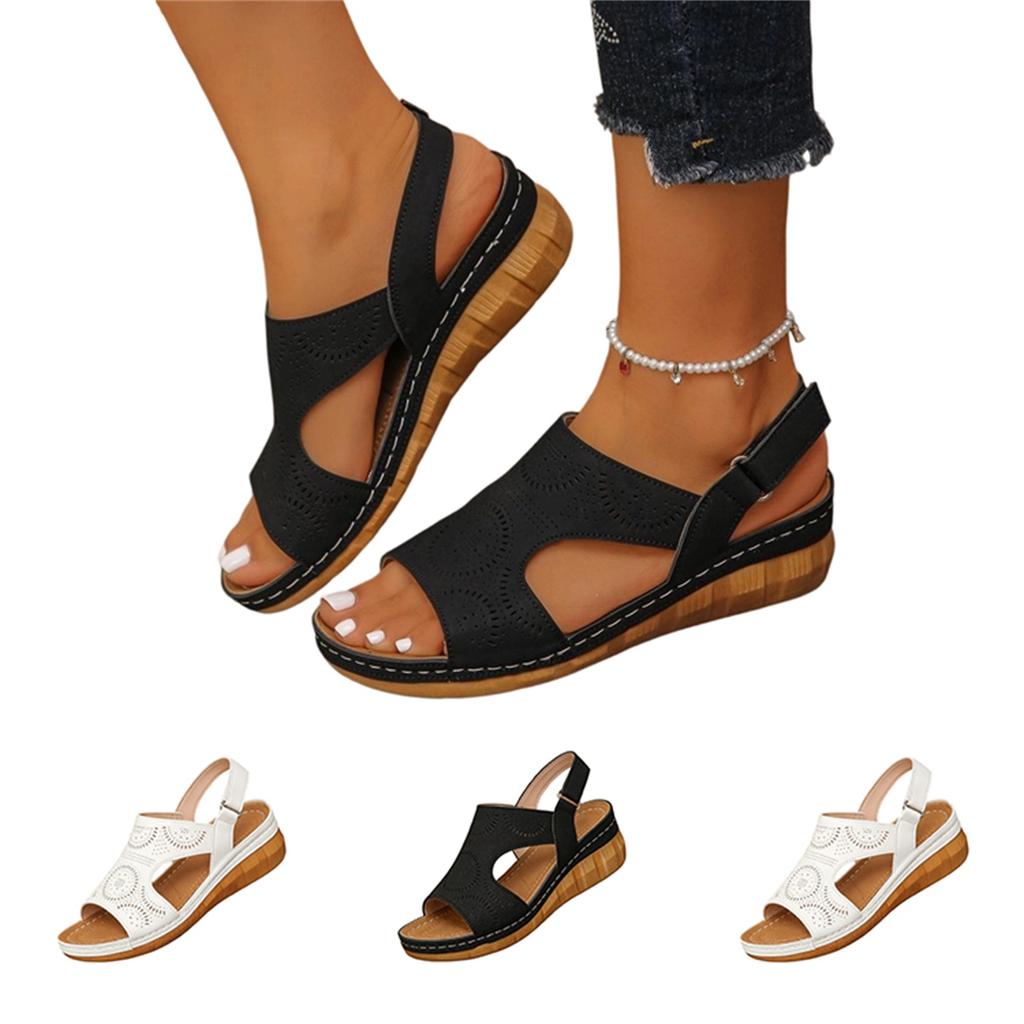 Women’s Plus Size Adjustable Strap Hollow Out Casual Round Toe Sandals with Hook and Loop Closure for Summer Comfort