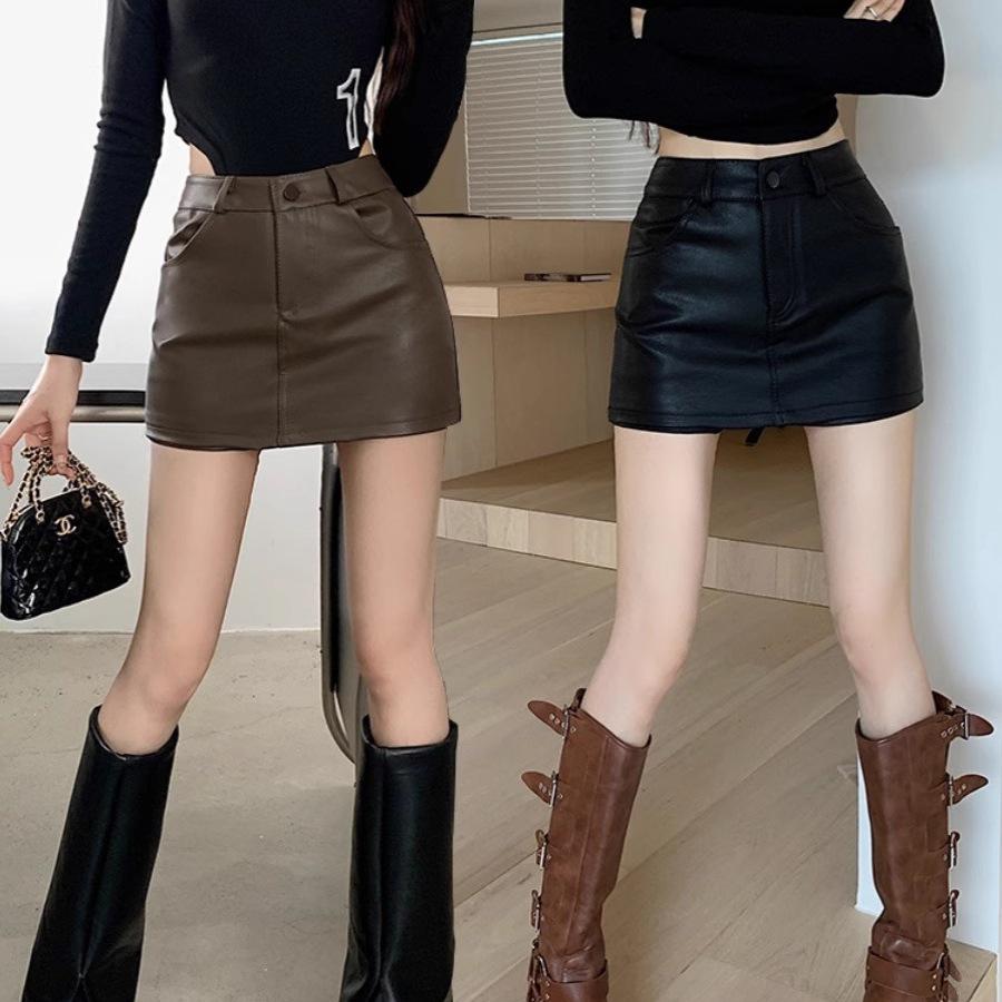 Spicy Girl PU Leather Coffee Mini Skirt: High Waist, Plus Size, Slimming Bodycon for Women’s Autumn/Winter