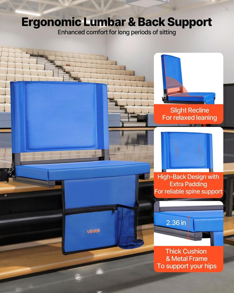 Stadium Seat, Folding Bleacher Chair with Back Support and Thick Cushion, Padded Stadium Seat for Bleacher Includes Shoulder Strap, Hooks, Cup Holder,