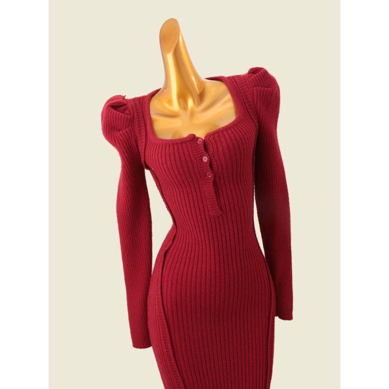 French Style Puff Sleeve Square Collar Long Dress Autumn and Winter New Bejirog Slim Fit Knit Sweater Slim Fit Warm Dress