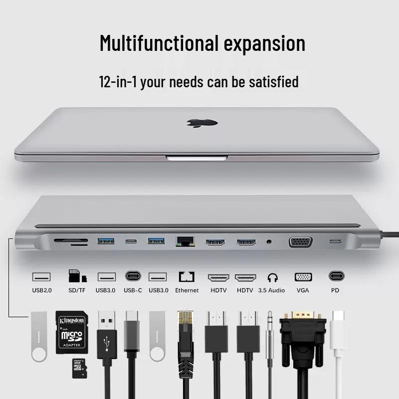 Twelve-in-One Dual HDMI Docking Station with Gigabit Ethernet and Multifunctional Laptop Stand