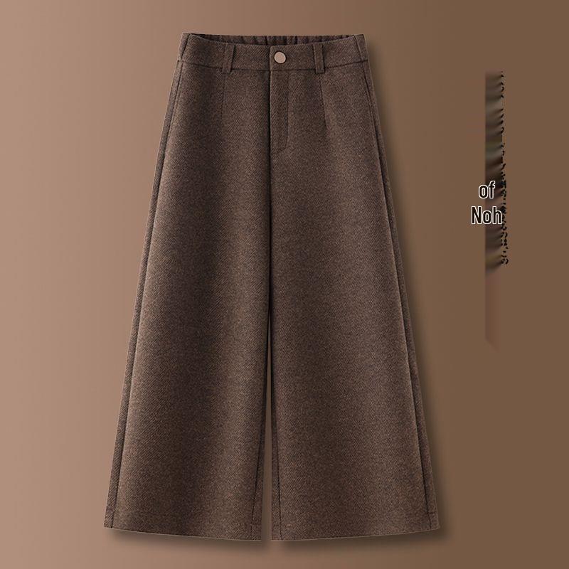 Coffee-Colored Fleece-Lined Wool Blend Wide-Leg Petite Pants - New Style, Thickened, Eight-Tenths Length, Cashmere Straight-Leg for Women.