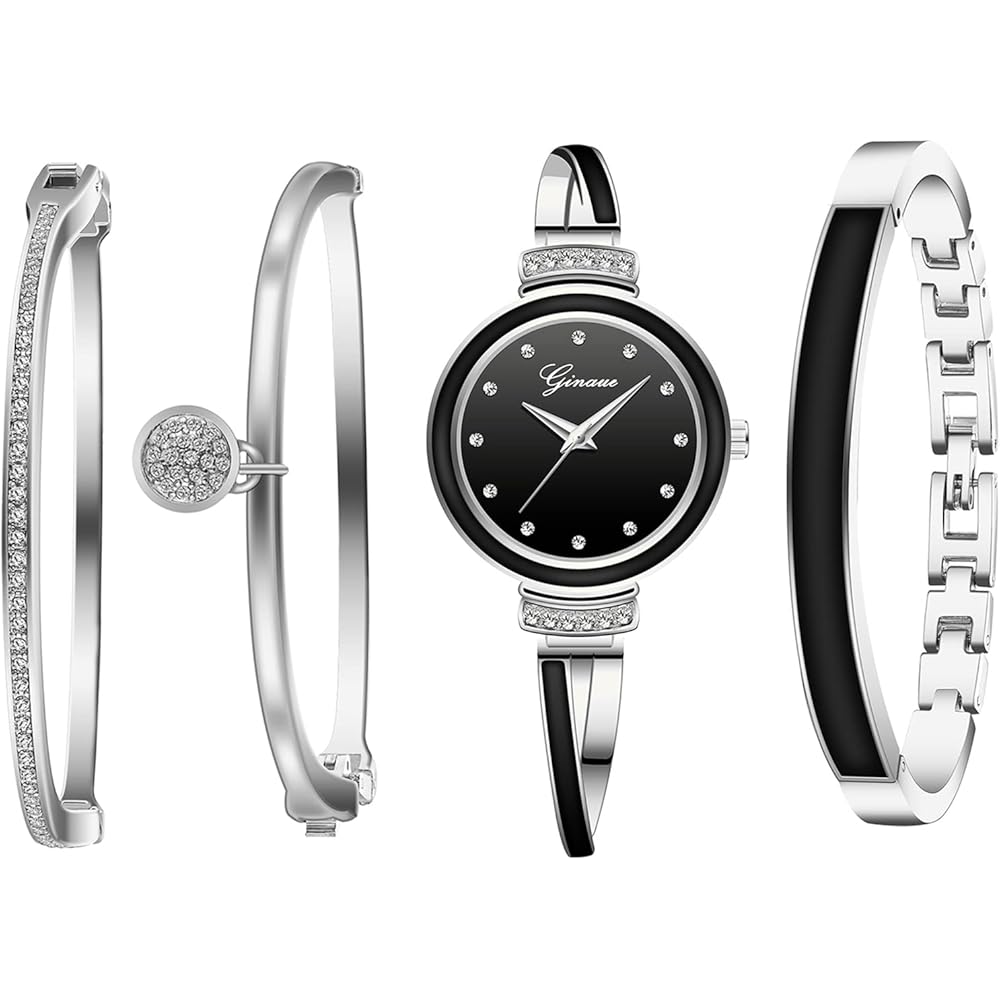 Jewelrywe Women s Analog Display Waterproof Bracelet Watch Set 4 Pieces Silver Black