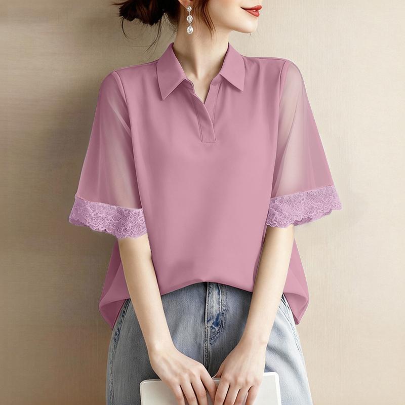 

ZANZEA Women Casual Turn Down Collar Half Sleeve Loose Lace Splice Blouse 2XL