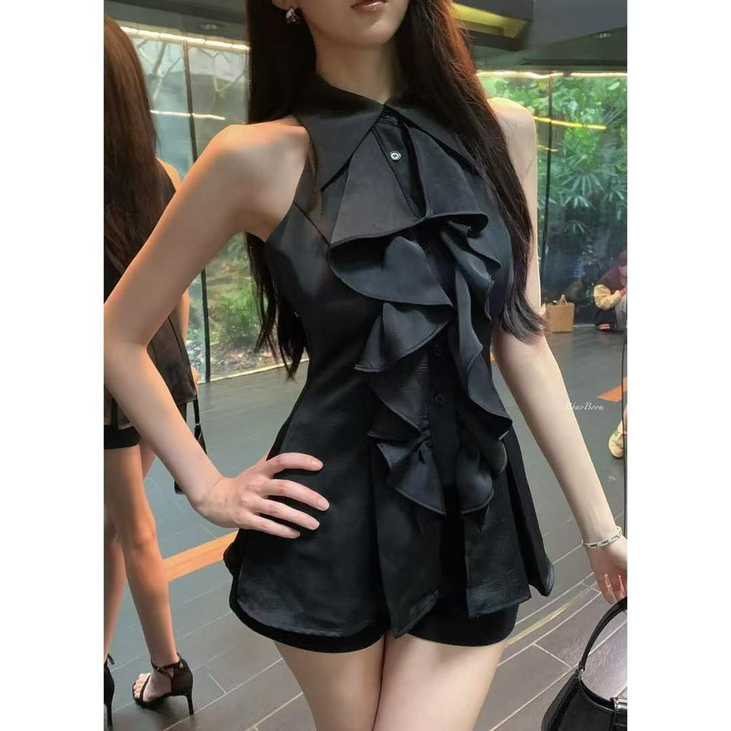 Official picture real price, ruffle edge sleeveless shirt top women's summer French temperament medium and long waist slim shirt