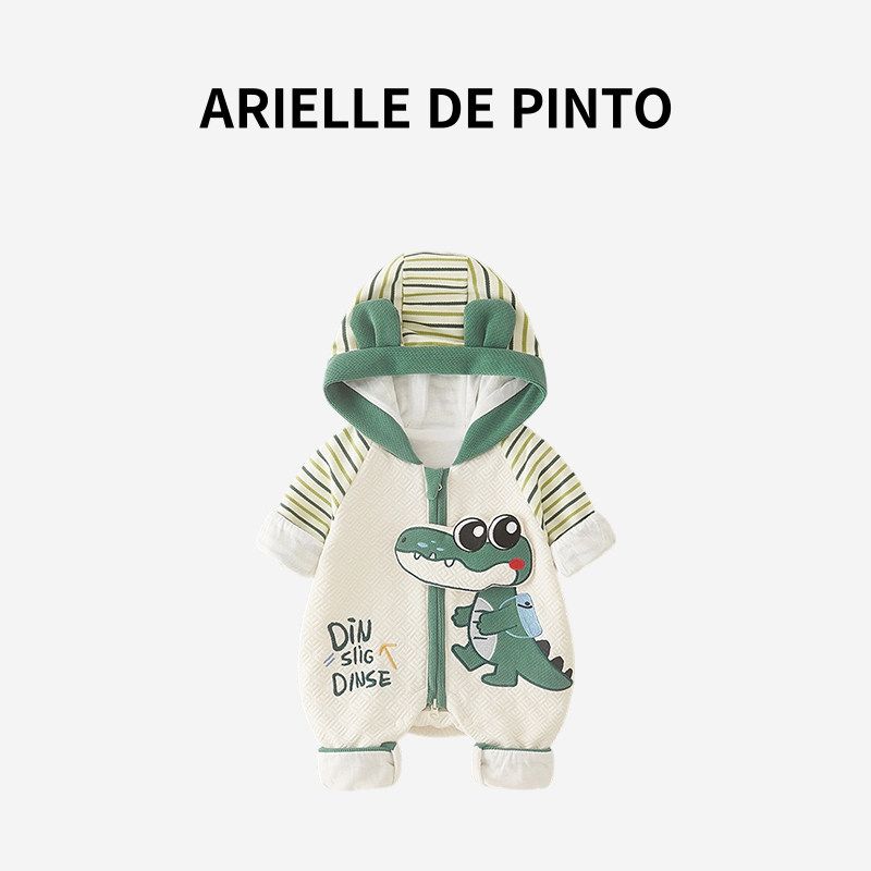 French Arielle De Pinto Baby and Children s Clothing for Boys, Autumn Style Cartoon Crocodile Hooded Cotton Jumpsuit Green 100