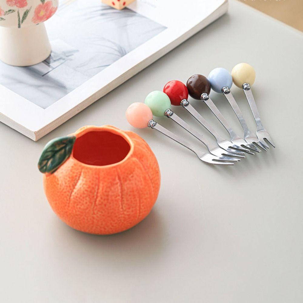 Orange Ceramic Fruit Forks Set Ins Style Creative Dessert Forks with Storage Jar Household Solid Color