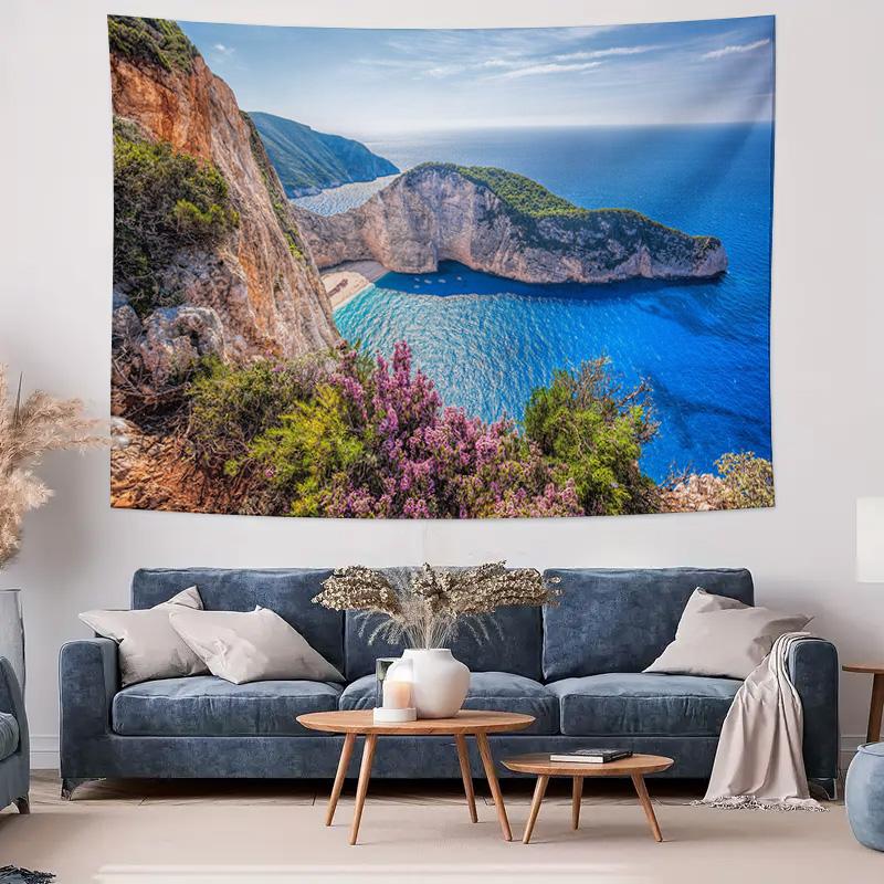 Coastal Landscape Tapestry  Beautiful Bay and Cliff Wall Decoration Hanging Cloth 74x94cm(29x37in)
