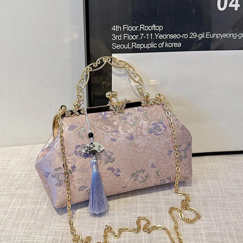 Bohemianowa Haftowana Torba na Ramię Damska Modna Metalowa Rączka Portmonetka z Paskiem na Łańcuszku Elegancka Torba Crossbody Pomysł na Prezent portfel