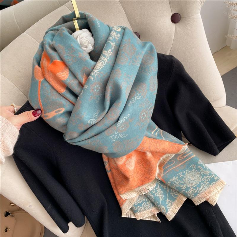 Scarf women's autumn and winter flower porcelain pattern warm thickened double-sided imitation cashmere air conditioner shawl mother scarf