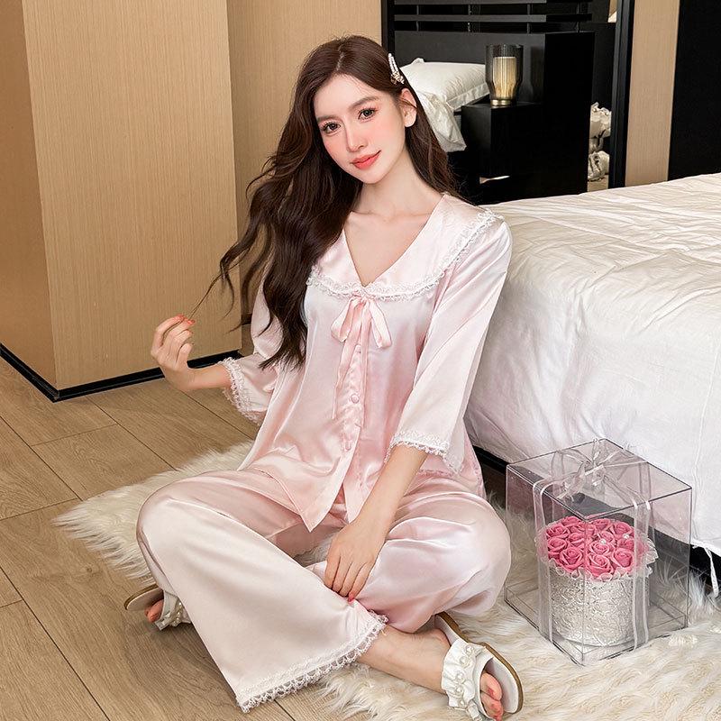 

Женский пижамный комплект из ледяного шелка с длинным рукавом и французским кружевом - Элегантная одежда для дома и улицы на весну/осень Large розовый