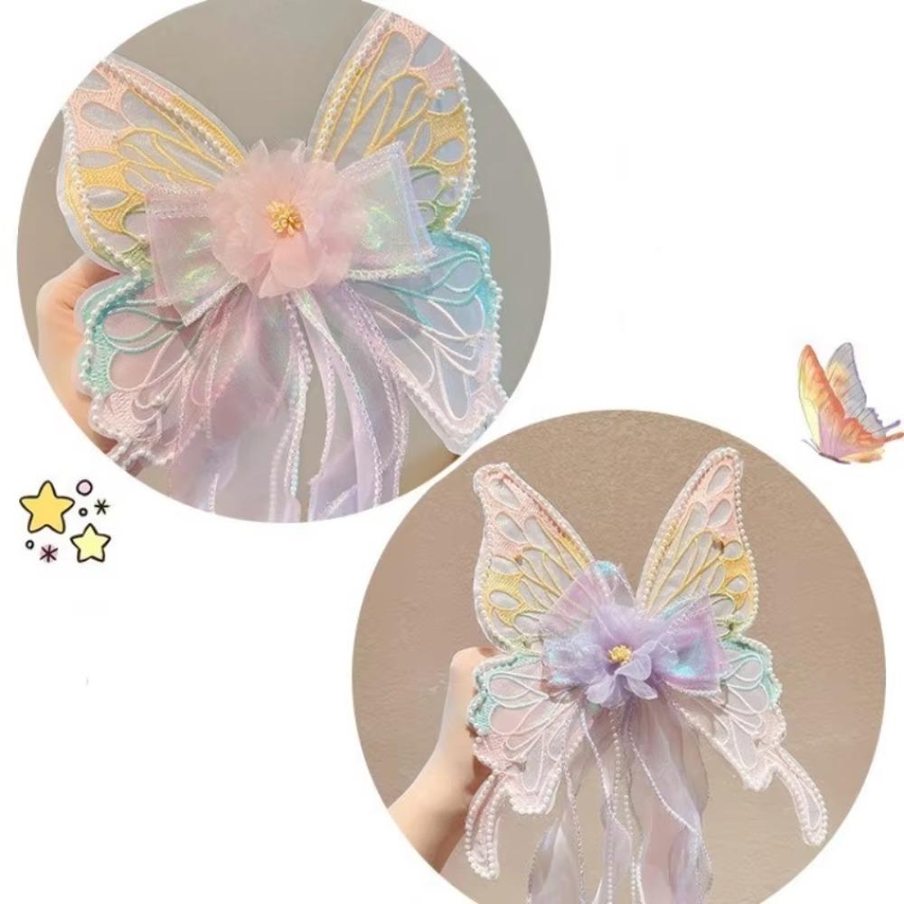 New Big Butterfly Bow Clip Ribbons Metal Spring Buckle Hair Clip Long Tail Princess Style Woven Hair Strap Girl