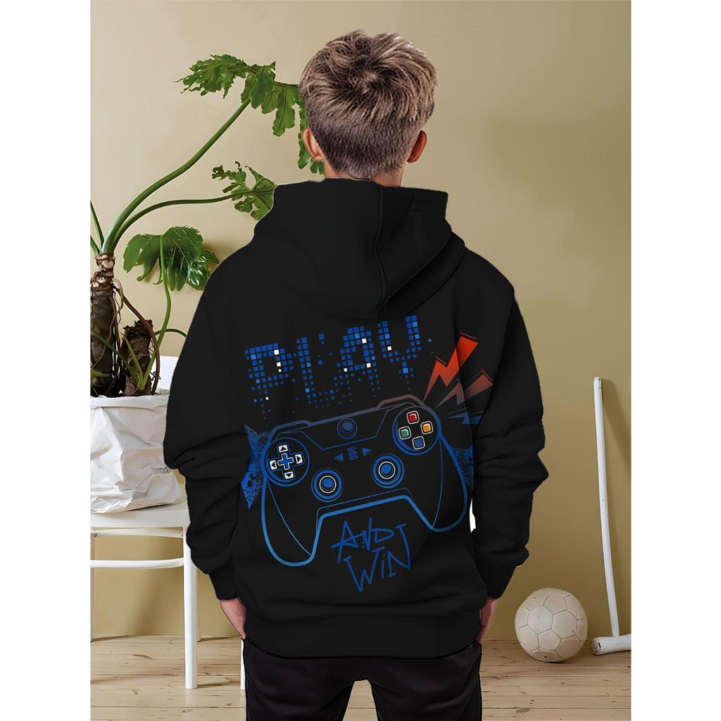 Boys' Black Hoodie with Vibrant Game Console Print - Casual and Comfortable Polyester Blend, Long Sleeves