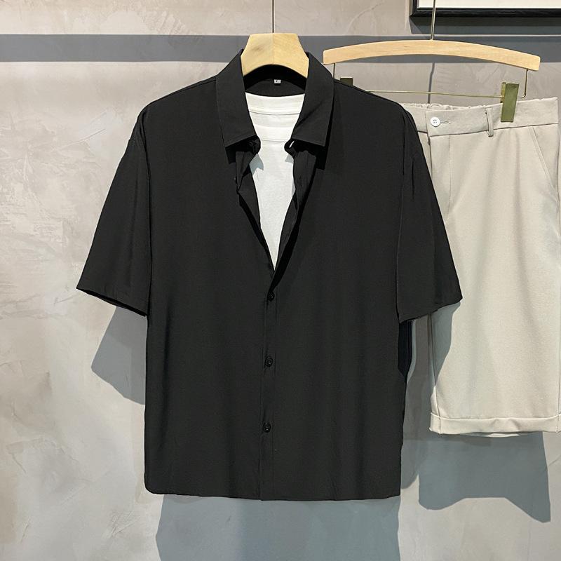 Men's Spring and Summer Lapel Solid Color Short-sleeved Loose Shirt Casual Comfortable Breathable Retro Drape Button Jacket