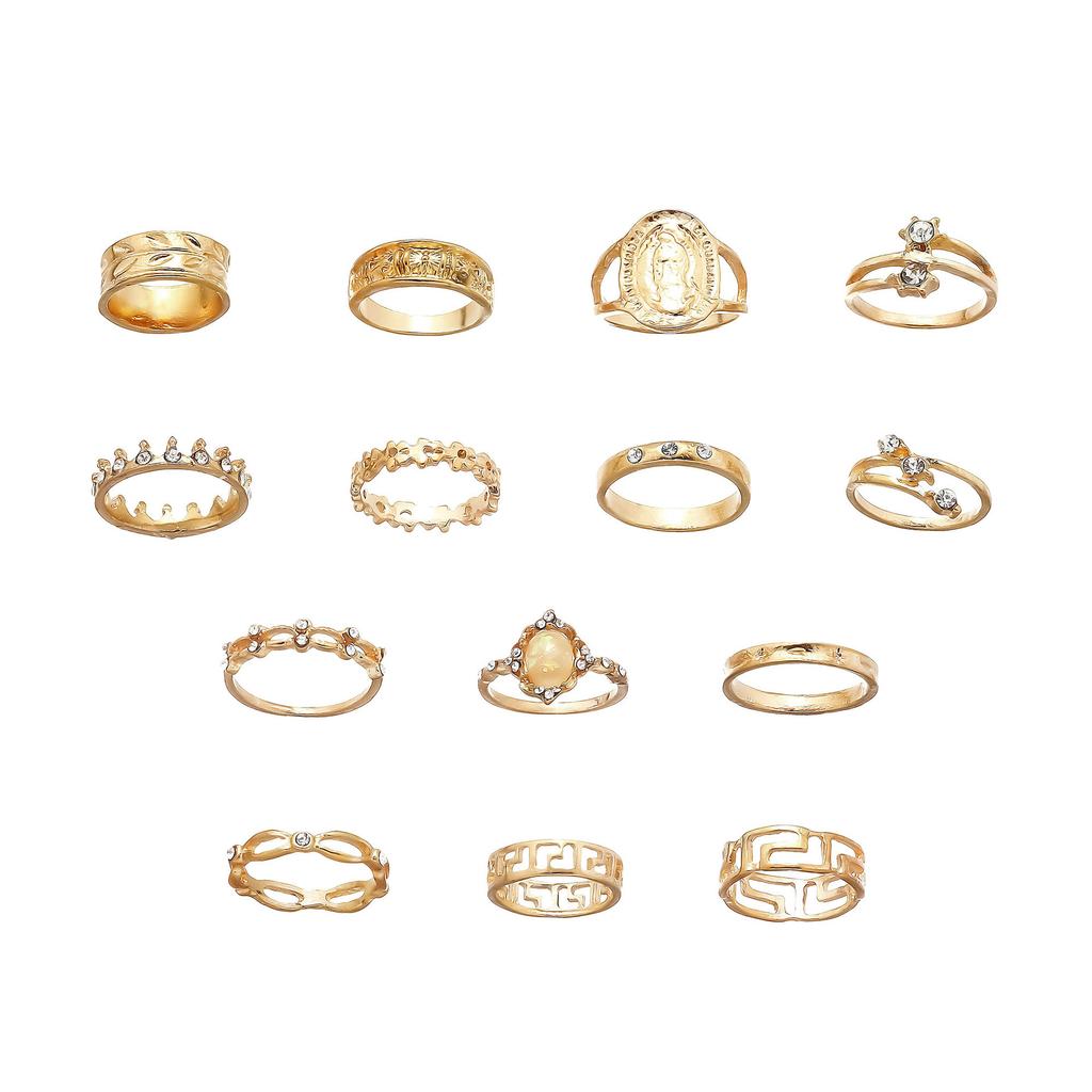 Promotional Combination Ring, Retro Personalized Point Diamond Hollow 14-Piece Set Jewelry.