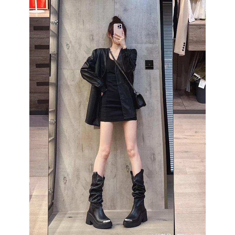 Cowhide Lisa same pointed boots pleated stacking boots women's metal medium tube Martin boots thick sole heightening knight boots