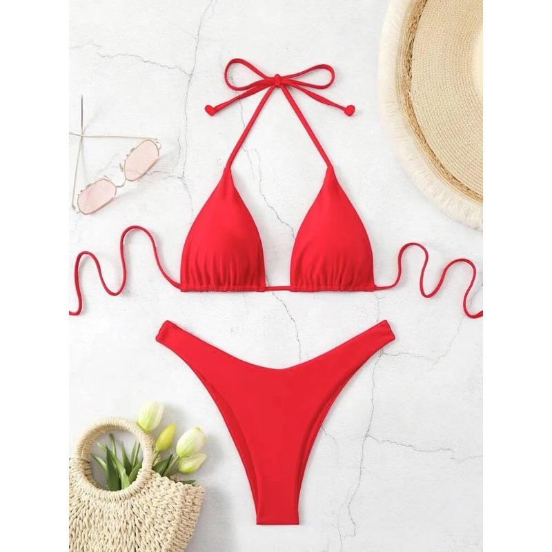 Sexy Solid Halter Lace Up Low Waist Bikini Set Women's 2 Pieces Swimsuit Triangle Thong Swimwear Bathing Suit Brazilian Biquini