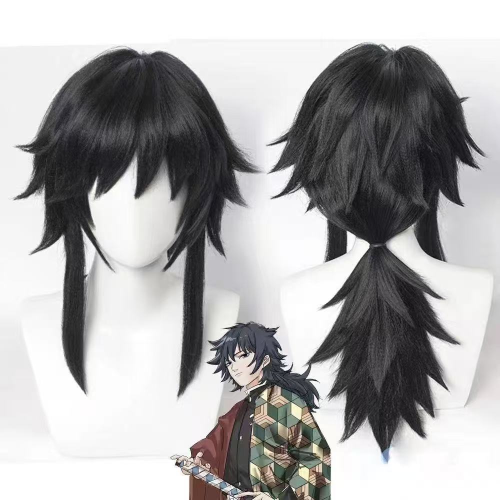 Silkyjoy Anime Character Cos Wig, Black Fluffy Thick Ponytail Wig For Men