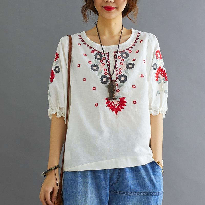 Letnia Nowość Styl Retro Literacki Luźna i Wszechstronna Etniczny Styl Bawełniana i Lniana Haftowana Koszula dla Kobiet