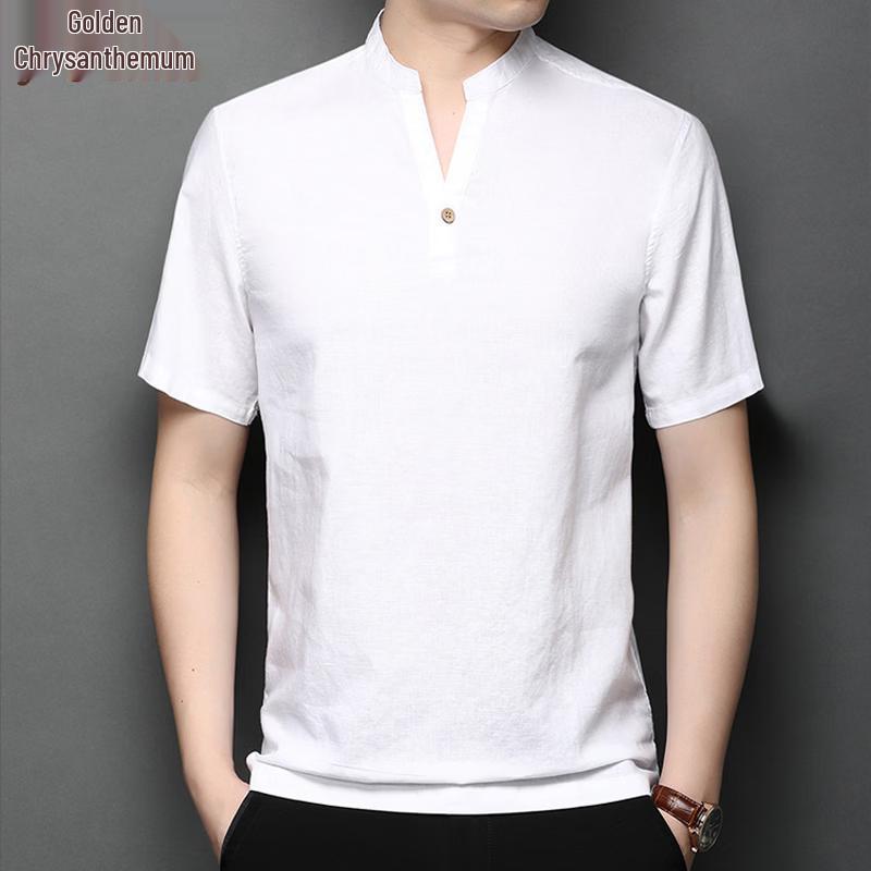 Golden Chrysanthemum Men s Chinese Style Cotton Linen V-Neck T-Shirt 3XL