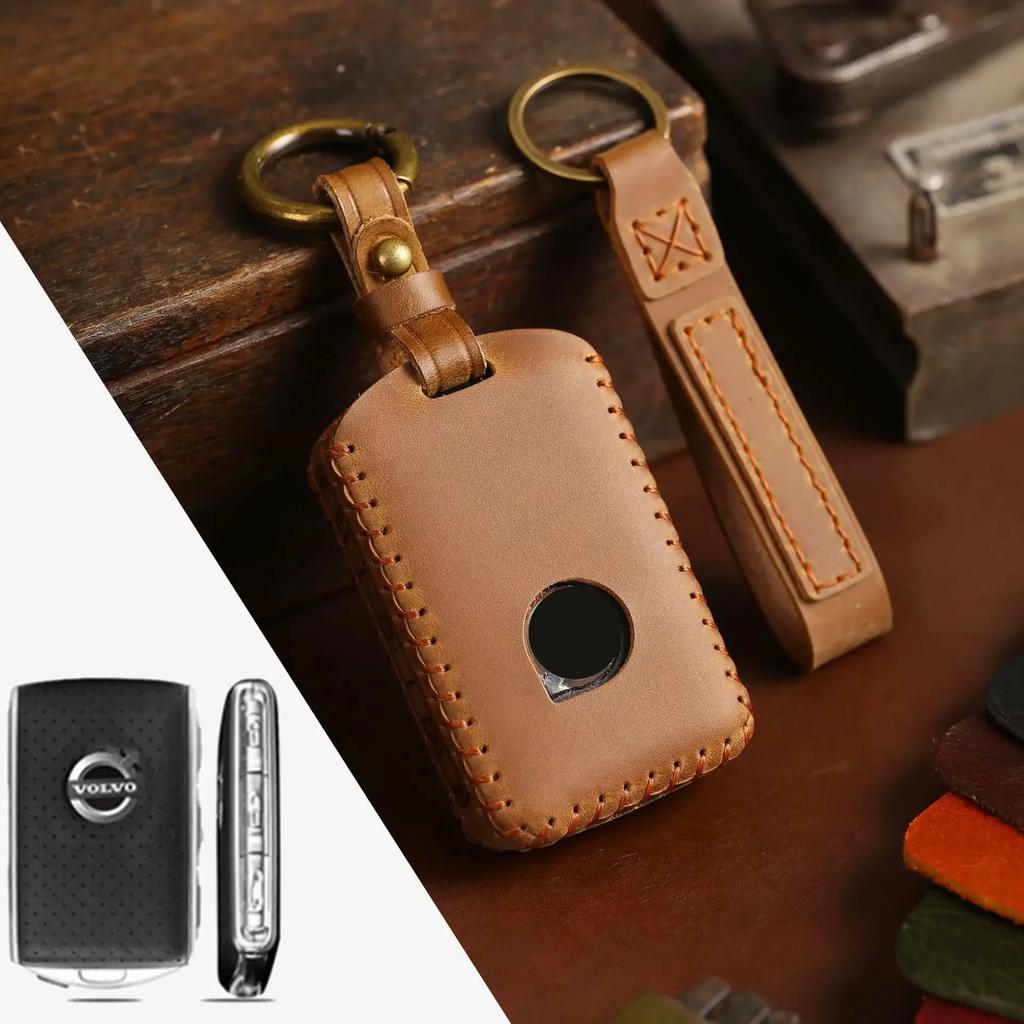 Real Leather Car Key Case Cover Pouch For Volvo Xc60 S90 Xc90 S60 Keychains Holder Keyring Protective Shell Bag Fob Accessories