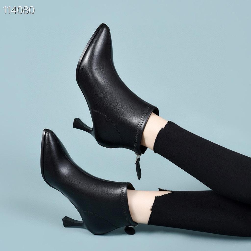 Women's Genuine Leather Stiletto Ankle Boots - Autumn/Winter 2025, Pointed Toe, Versatile Nude Mid Heel for Professional Wear.