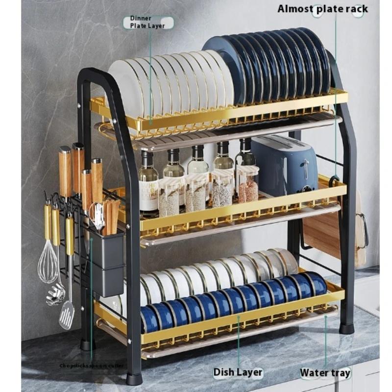 Dish Rack Kitchen Countertop 2/3 Layer Tableware Storage Rack Multifunctional Integrated Dish Rack Large Capacity Space Saving