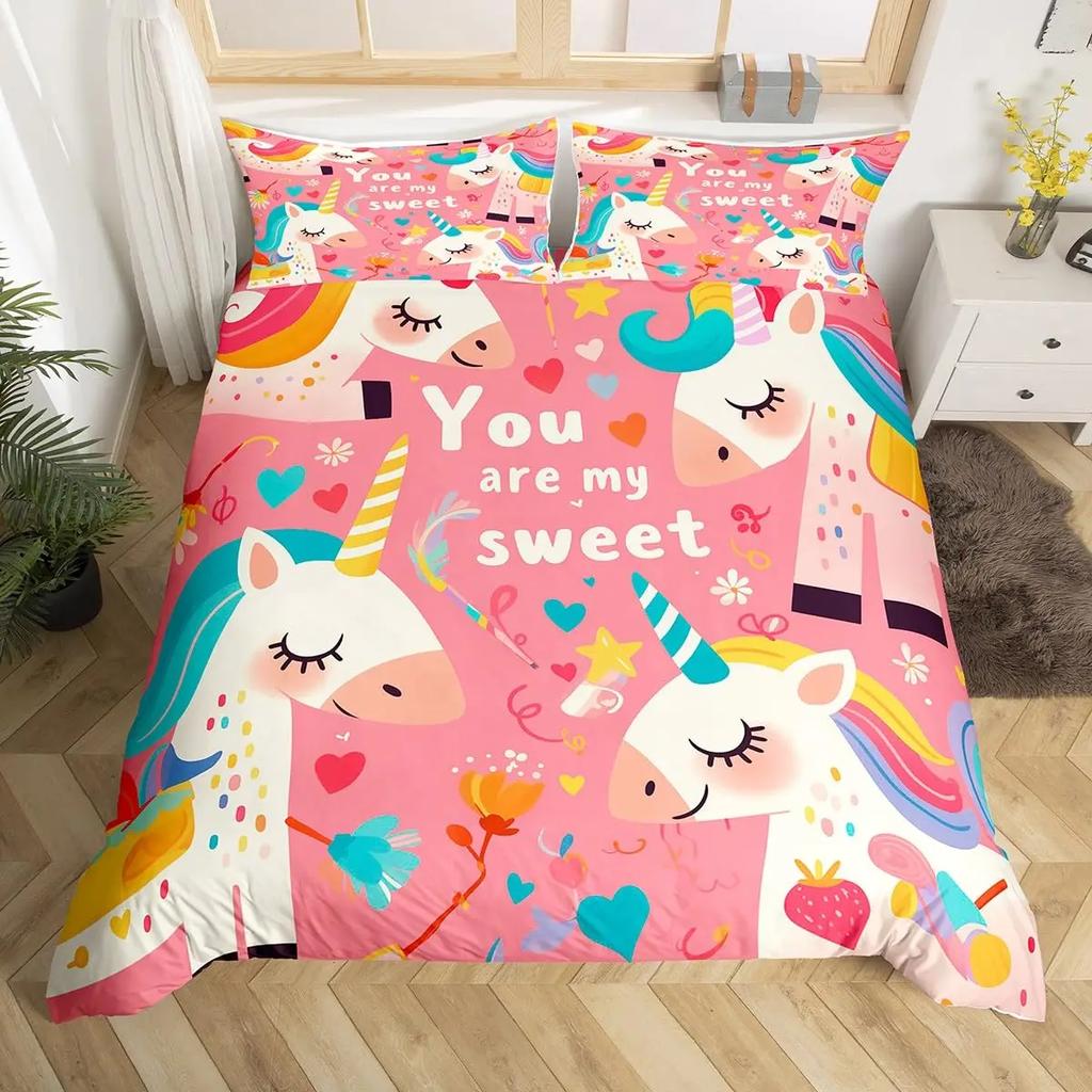 Comforter Cartoon Cat Unicorn Sweet Strawberry Milk Bedding Set Pet Animals Comforter Desserts Cakes Food