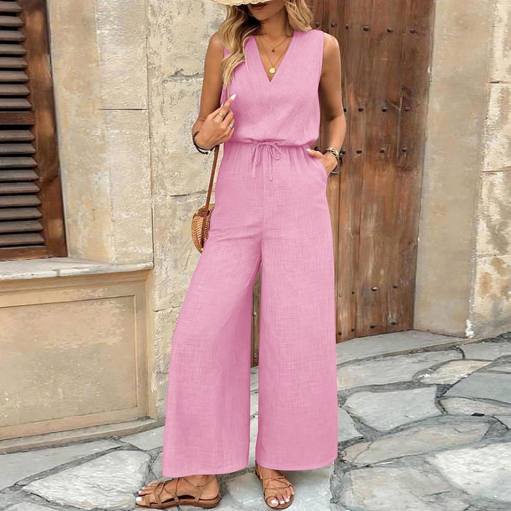 Sleeveless Wide Leg Jumpsuit for Women with Drawstring Waist V Neck Loose Fit Casual Outfit