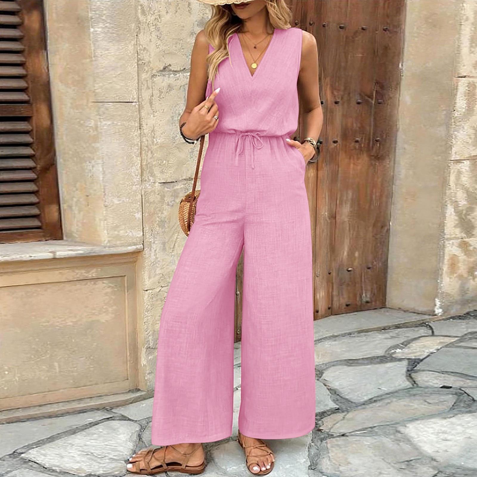 

Sleeveless Wide Leg Jumpsuit for Women with Drawstring Waist V Neck Loose Fit Casual Outfit L розовый
