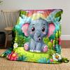 Cute Cartoon Elephant In Jungle Scene Patterned Blanket, Flannel, Suitable for All Seasons, Home Decor, Warm and Cozy