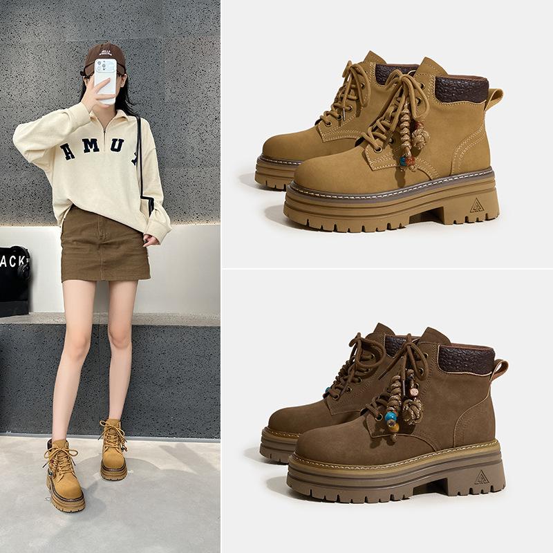 Cowhide Martin boots women's autumn new thick-soled inner height-increasing short boots retro versatile hiking boots women