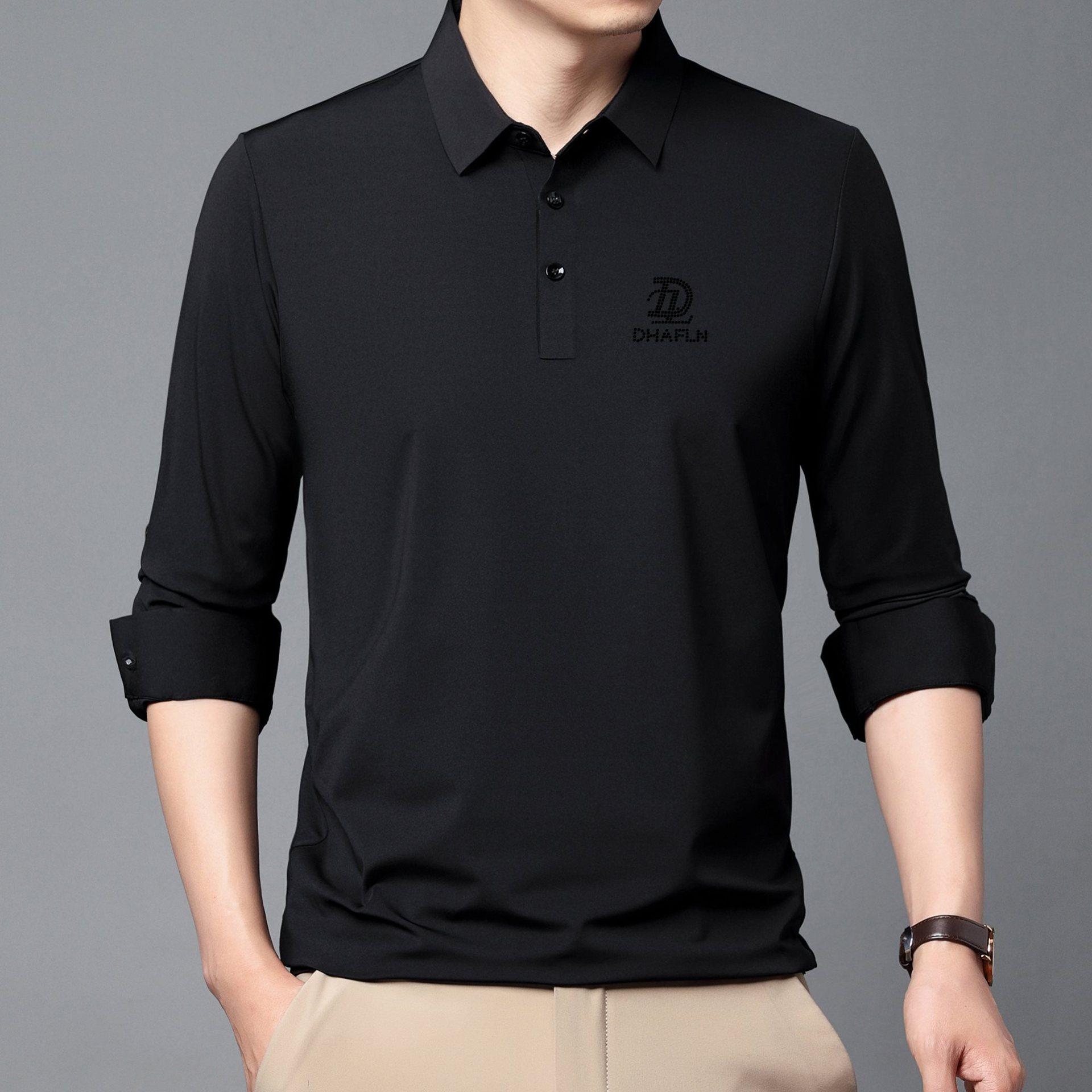 New Autumn Seamless High Elastic Long Sleeve Men s Business Casual Polo Shirt 2XL чёрный