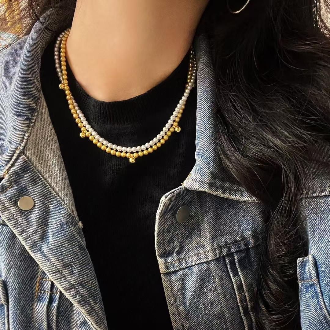 

Vintage High Gloss Artificial Crystal Pearl Warm Gold Cold White Pearl Double Necklace Clavicle Chain