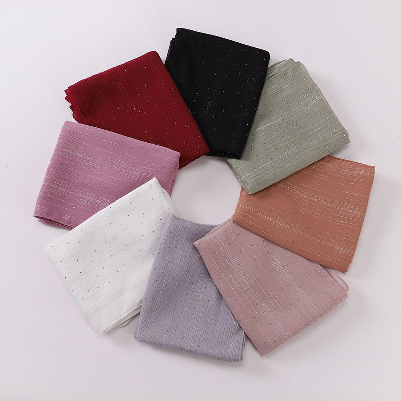 Spring Plain Wrinkle Rhinestone Shiny Shimmer Shawls Scarf for Women Ramadan High Quality Wrap Beach Stole Bufandas Muslim Hijab