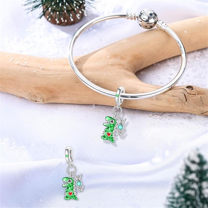Green Series 925  Silver Dinosaur Bow Puppy Swallow Umbrella Four-Leaf Clover Charm Fit DIY Bracelet Necklace Party Gift