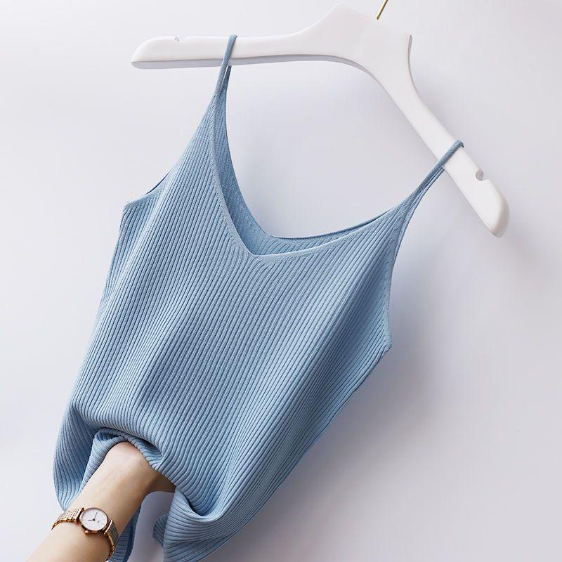 V Neck Ice Silk Camisole Plus Size Women Inner Wear Thread Knit Short Top Hyuna Style Versatile Sexy Base Shirt