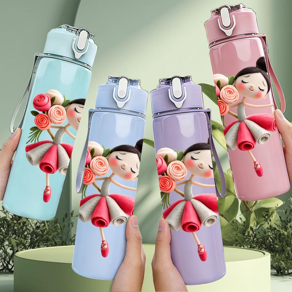 1PC Little Girl Ballet Dance Cartoon Print 750ml Color Plastic Sports Water Bottle Leakproof Flip Straw Lid Suitable for Sports Office Home Use