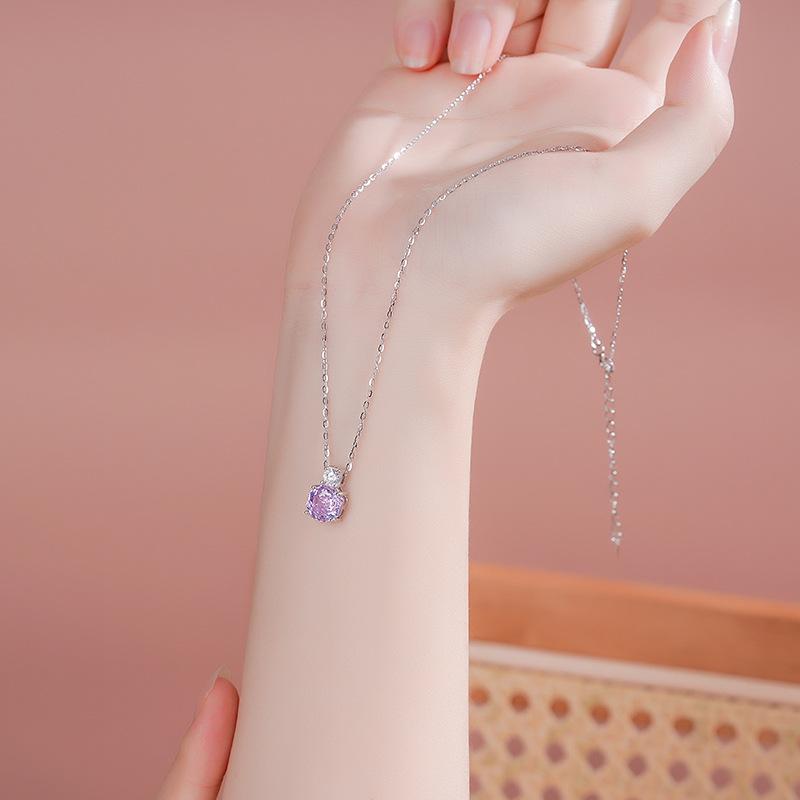 Tichya S925 Sterling Silver Millennium Rose Cut Purple Flower Necklace for Women - Niche Fashion Light Luxury Clavicle Chain 925 Sterling Silver