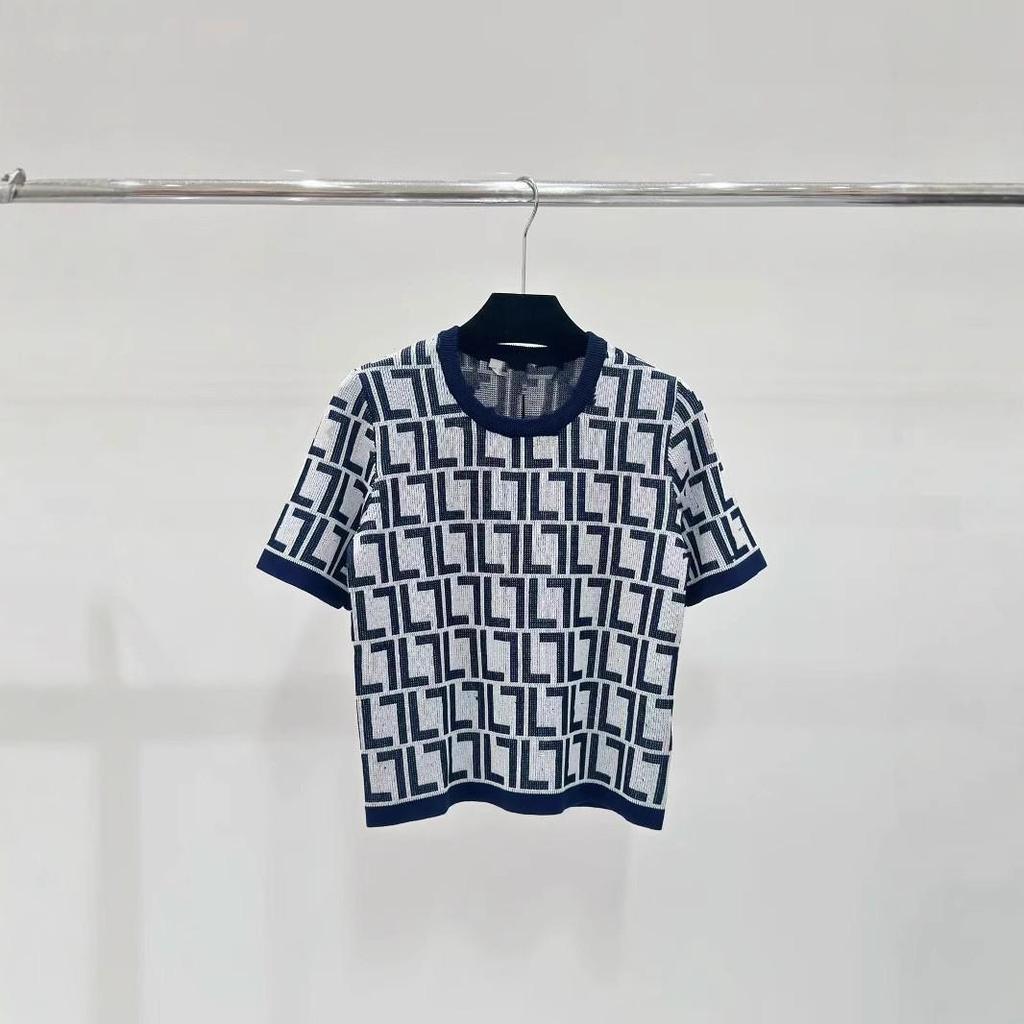 2024 Trendy Classic Letter Jacquard Knit Short Sleeve Top