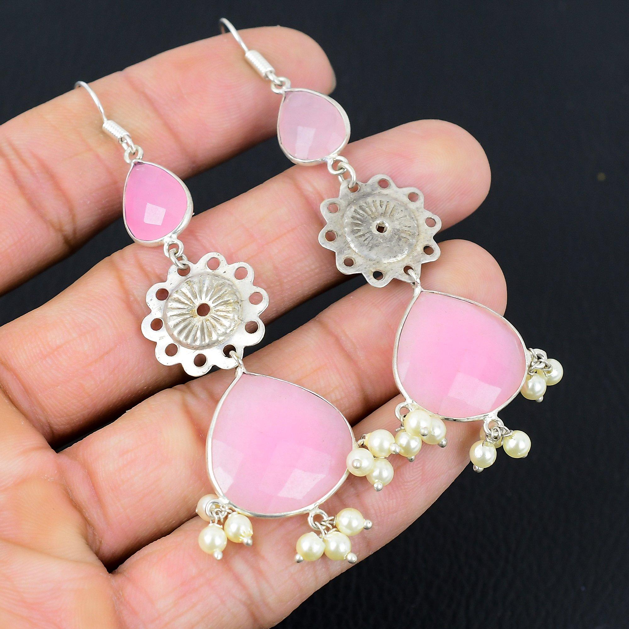 

Pear Natural Pink Chalcedony Hook Daughter New Dangling Earrings Sterling Silver