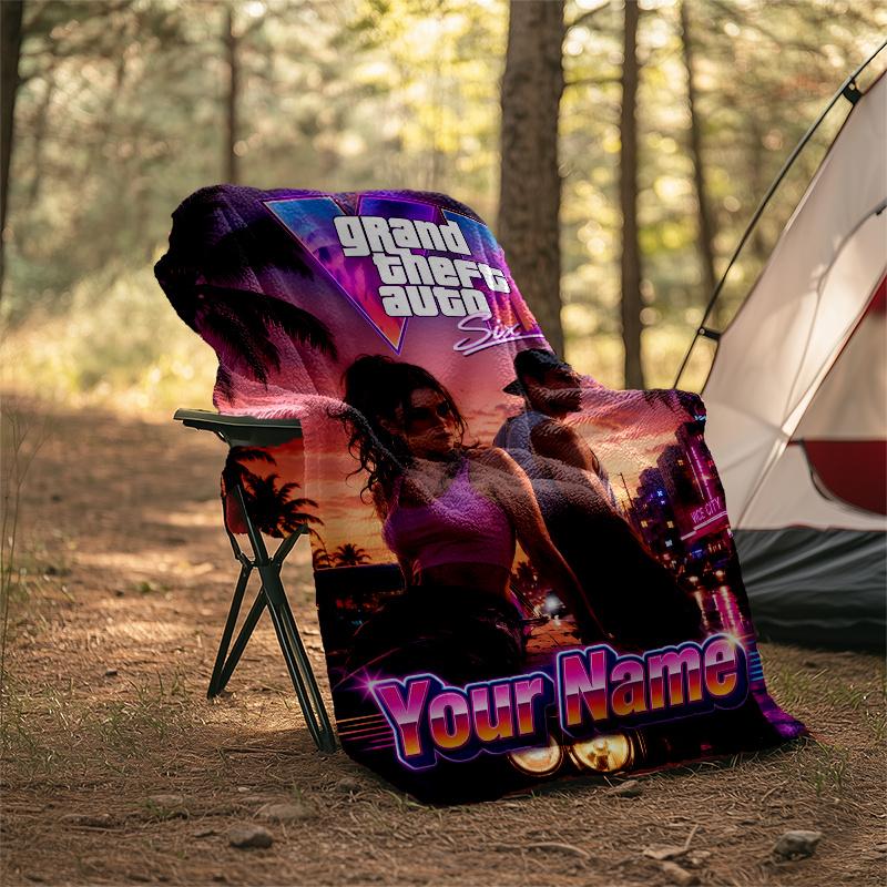 1pc Personalized Name GTA Theme Blanket - Digital Print, Polyester, Cozy for All Seasons, Perfect for Outdoor, and Travel