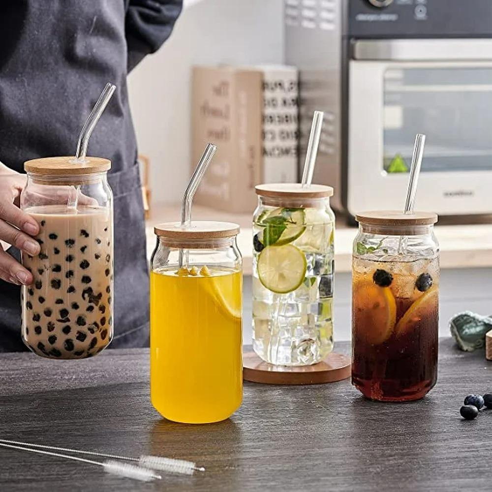 2/1PCS Glass Cup with Lid and Straw Bubble Tea Cup Juice Glass Beer Can Milk Mocha Cups Breakfast Mug Drinkware Transparent Cup